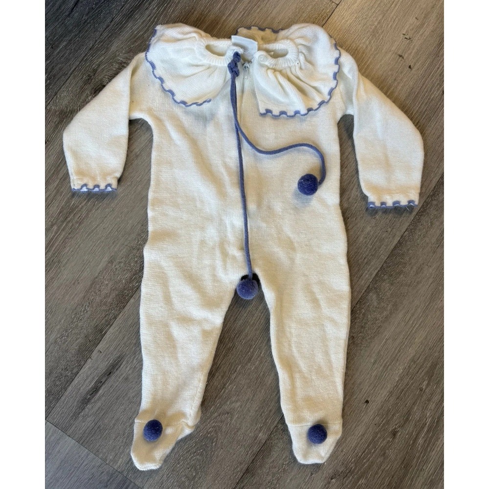 Vintage 1970s Friemanit White Knit Frilly Blue Pom Pom Ball One Piece Size 3mos